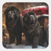 Sticker Carré Décor de Noël de Terre-Neuve Snowy Sleigh (Devant)