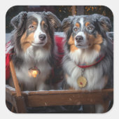 Sticker Carré Décor de Noël du berger australien Snowy Sleigh (Devant)