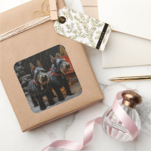 Sticker Carré Décor de Noël écossais Terrier Snowy Sleigh