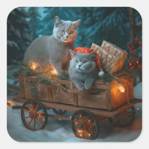 Sticker Carré Décor de Noël russe Blue Cat Snowy Sleigh