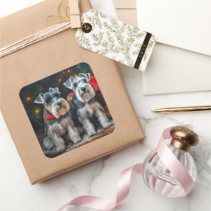 Sticker Carré Décor de Noël Schnauzer Snowy Sleigh