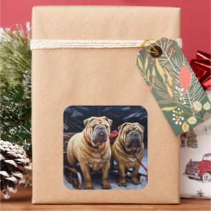 Sticker Carré Décor de Noël Shar Pei Snowy Sleigh