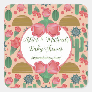 Sticker Carré Décoration Baby shower floral rose du désert