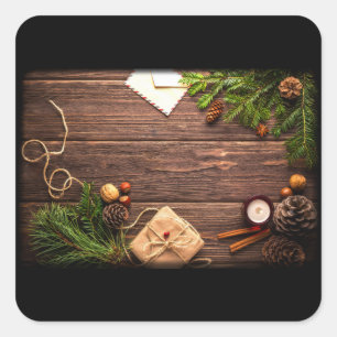 Sticker Carré Décoration de Noël avec le bois d'écorce et le pin