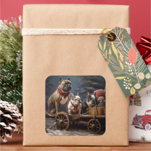 Sticker Carré Décoration de Noël French Bulldog Snowy Sleigh