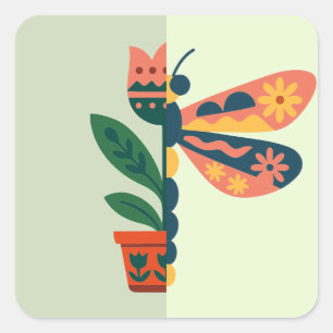 Sticker Carré Décoration papillon colorée avec des éléments flor