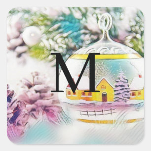 Sticker Carré Décorations de Noël Vintage Ornements Aquarelle
