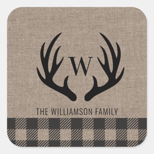 Sticker Carré Deer Antlers Rustic Burlap Nom de famille (Devant)