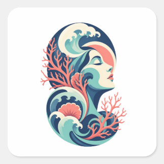 Sticker Carré Déesse de l'Océan Art – Femme aux Vagues Abstraite