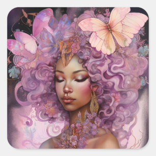 Sticker Carré Déesse noire Art Imaginaire rose violet