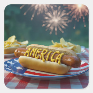 Sticker Carré Défilé du 4 juillet avec hot dog et feux d'artific