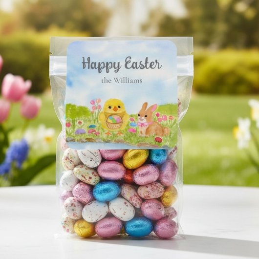 Sticker Carré Déjeuner de Pâques avec poussin lapin de Pâques