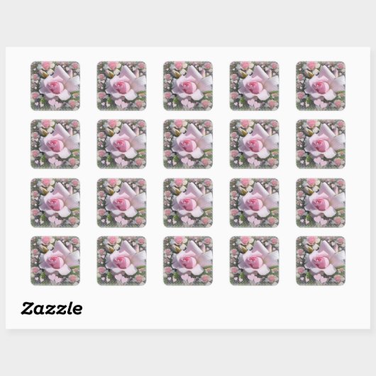 Sticker Carré Delicate Pale Pink Rose with Hearts (Feuille)