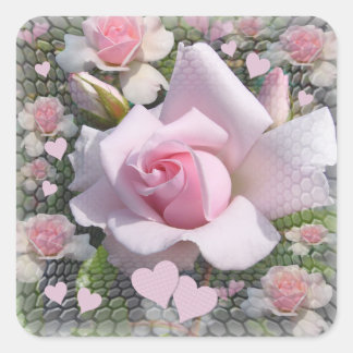 Sticker Carré Delicate Pale Pink Rose with Hearts