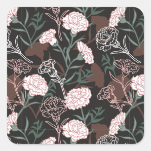 Sticker Carré Délicates oeillets roses avec fleurs Feuilles vert