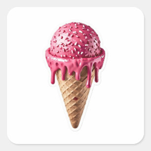 Sticker Carré Délicieux cône de glace à la fraise rose 3D Sticke