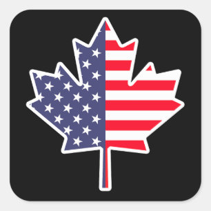 Sticker Carré Demi-Canadien Américain : Canada USA Maple Leaf