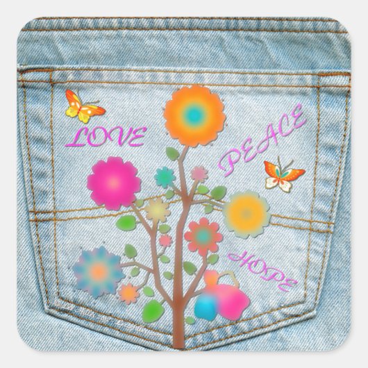 Sticker Carré Denim Back Fleurs de poche Paix Aimer Espoir (Devant)