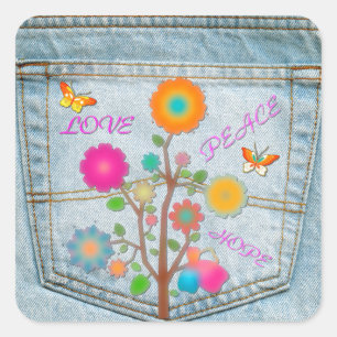 Sticker Carré Denim Back Fleurs de poche Paix Aimer Espoir