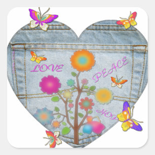 Sticker Carré Denim Pocket Fleurs cardiaques Papillons