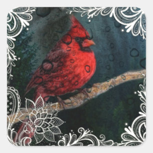 Sticker Carré Dentelle blanche Primitive Noël Cardinal Rouge
