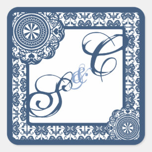 Sticker Carré Dentelle bleue arabesque, souvenir monogrammé