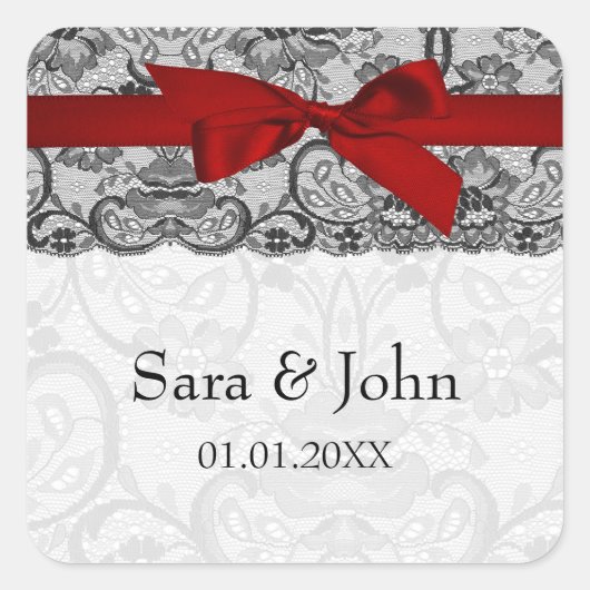 Sticker Carré Dentelle et ruban rouge, enveloppe noire (Devant)