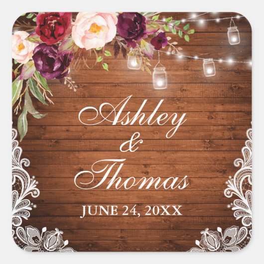 Sticker Carré Dentelle florale Rustique Mariage (Devant)