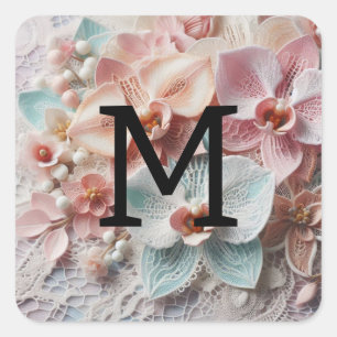 Sticker Carré Dentelle monogramme fleurs florales rose pastel or