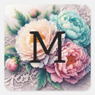 Sticker Carré Dentelle monogramme florale rose orange pivoines b