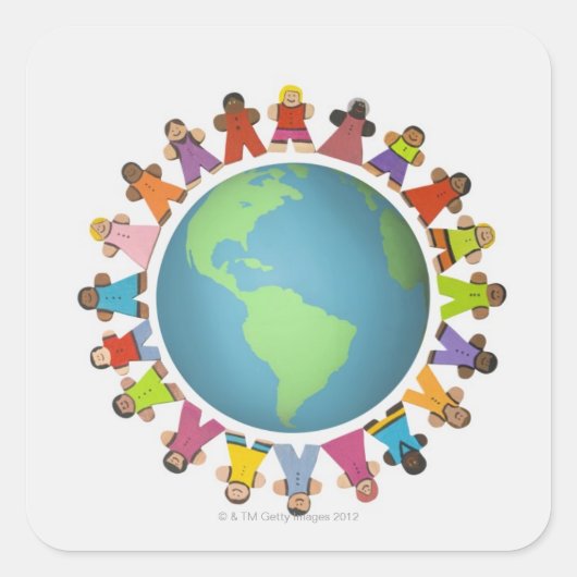 Sticker Carré Des figurines multiethniques encerclent le monde (Devant)