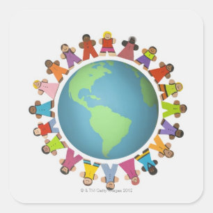 Sticker Carré Des figurines multiethniques encerclent le monde