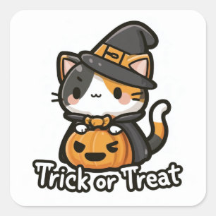 Sticker Carré Des friandises ou un sort! - Chat et citrouille