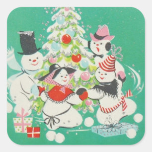 Sticker Carré Des Snowmen De Noël Vintage Dansant Autour De L'Ar