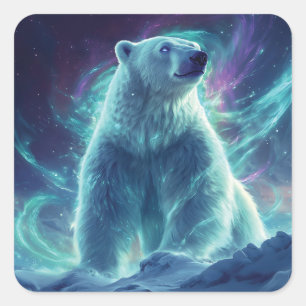 Sticker Carré Design d'ours polaires majestueux avec aurores bor