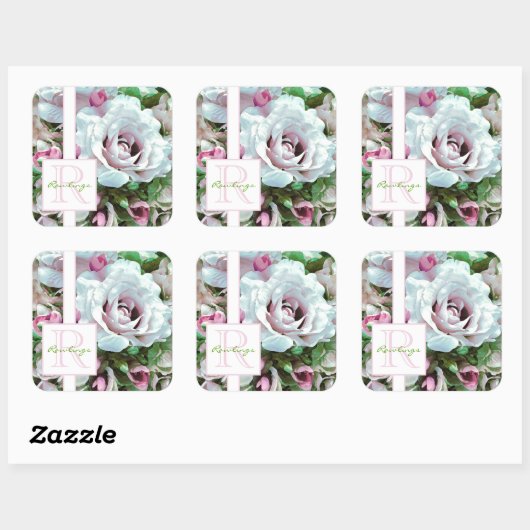 Sticker Carré Design floral | Rose rose | Monogramme (Feuille)
