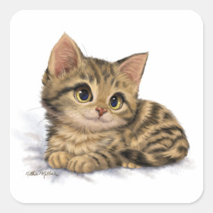 Sticker Carré Dessin animé de chaton tabby mignon