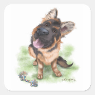Sticker Carré Dessin animé de chiot Berger allemand adorable