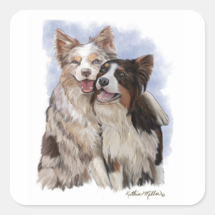 Sticker Carré Dessin animé de deux amis Border Collie