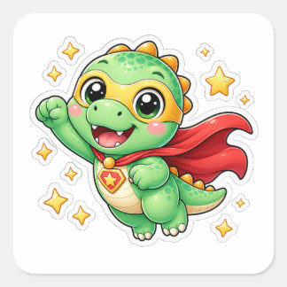 Sticker Carré Dessin animé de dinosaure super-héros mignon