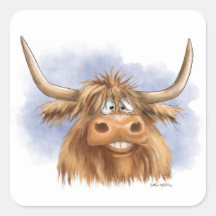 Sticker Carré Dessin animé drôle de vache des Highlands