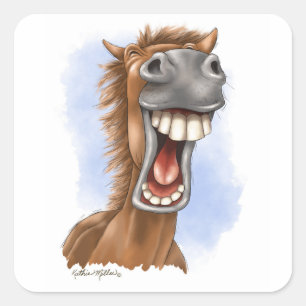 Sticker Carré Dessin animé hilarant d'un cheval riant
