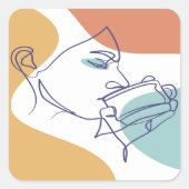 Sticker Carré dessin d'art affiche d'une femme buvant du café (Devant)