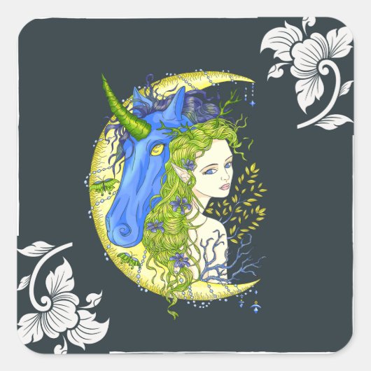 Sticker Carré Dessin de fille douce et licorne (Devant)