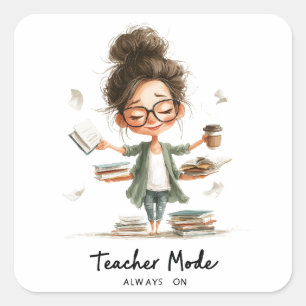 Sticker Carré Dessin de l'enseignant mignon avec "Mode enseignan