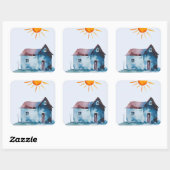 Sticker Carré Dessin De Peinture, Maison Et Soleil Fabriqués Par (Feuille)