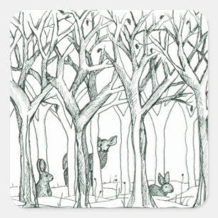 Sticker Carré Dessin d'encre des arbres de la forêt faunique des
