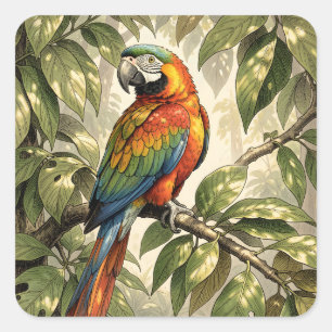 Sticker Carré Dessin d'oiseau perroquet sur un arbre