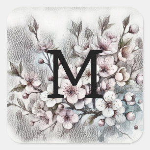 Sticker Carré Dessin floral à monogramme fleur de cerisier rose