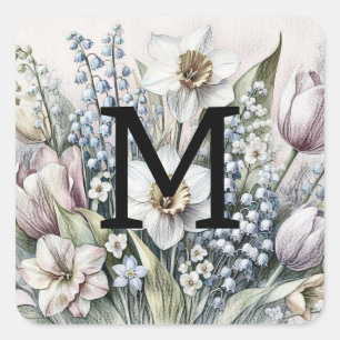 Sticker Carré Dessin floral à monogramme tulipes jonquilles rose